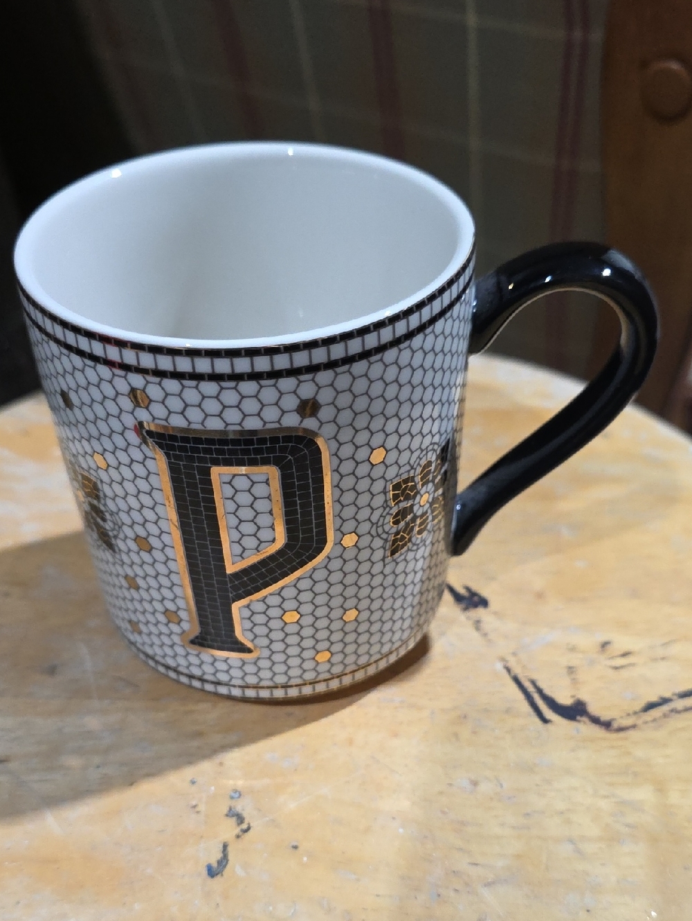 Anthropologie Black and Gold Monogram 'P' Ceramic Mug